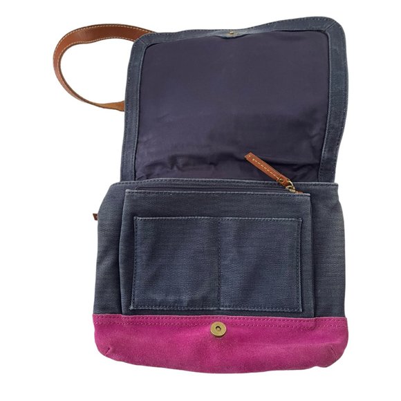 Fossil Taylor Crossbody Purse Bag Fab Navy Magenta Purple Canvas & Suede Leather - Picture 7 of 8